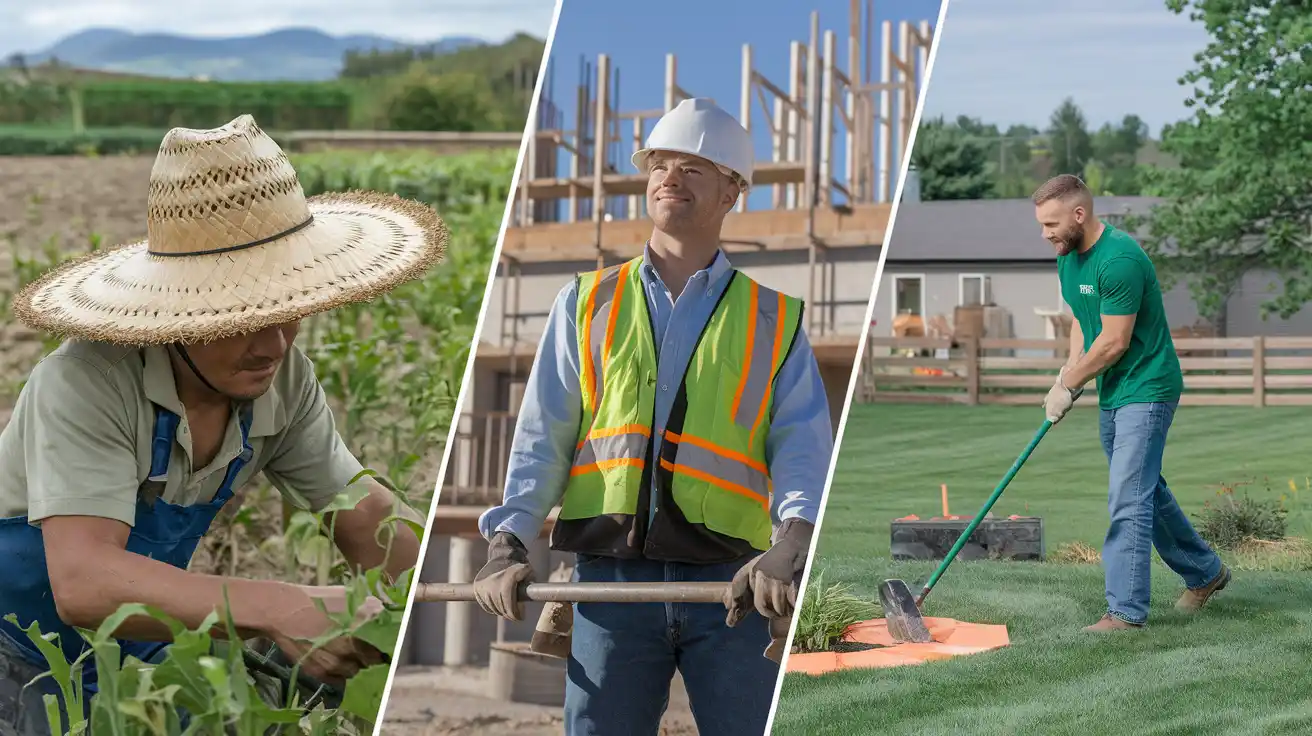 A collage of three photos featuring people actively working in the yard, highlighting green collar job activities.