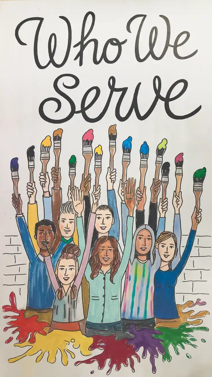 A hand-drawn illustration on a white background. There is a diverse group of people with their hands raised up, each holding a paintbrush. The brushes are dipped in paint of various colours. There are paint splatters on the ground and the wall behind the group. The text "Who We Serve" is written in large, cursive letters at the top.